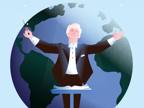 Illustrasjon av mann som dirigerer foran en avbildet jordklode