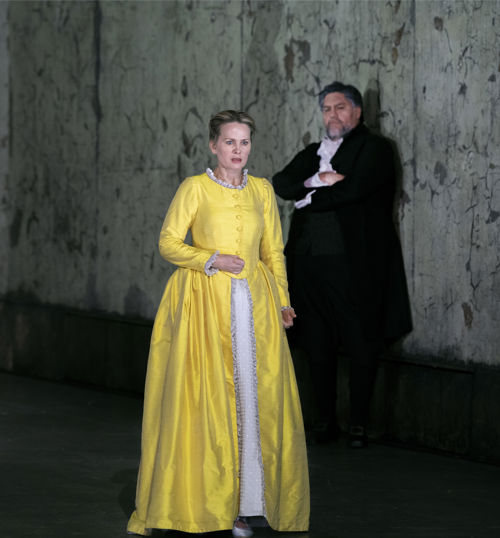 kvinne i gul lang kjole og mann som lener seg mot vegg