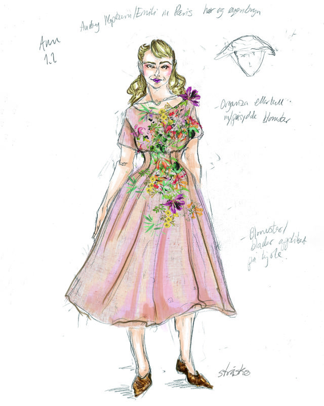 Kostymetegning av dame i kjole med blomster