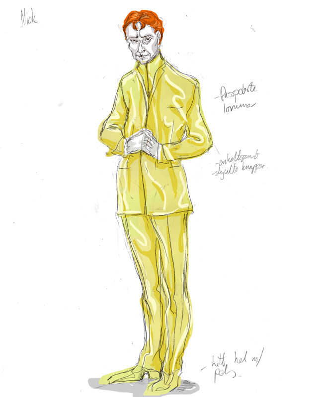 Kostymetegning av mann med foldete hender og gul drakt