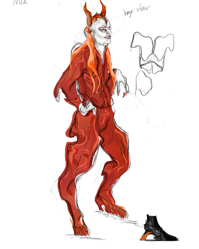 Kostymetegning av det som ligner på en djevel med røde horn, dyreføtter og rød drakt