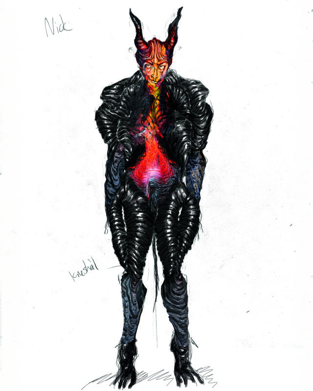 Kostymetegning av djevel i svart med store horn