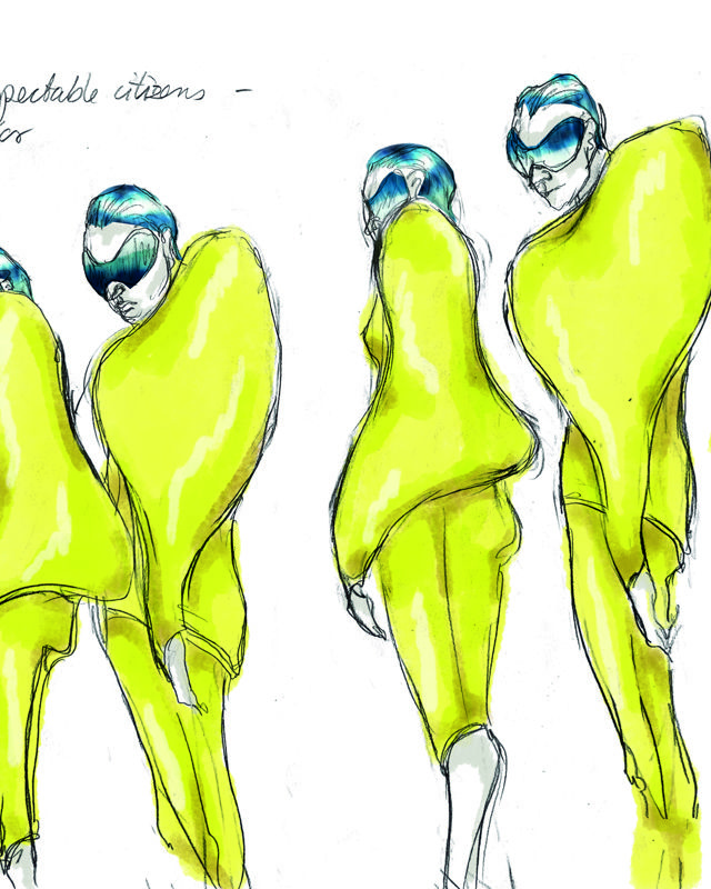 Kostymetegning av 6 personer med blått hår, solbriller og gule drakter med spisse skuldre