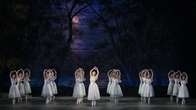 Ballettdansere i hvite tutuer står i symmetrisk formasjon med armene hevet, mot en mørk skogsbakgrunn med fullmåne.