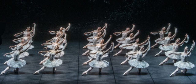 mange kvinnelige dansere i hvite tutuer