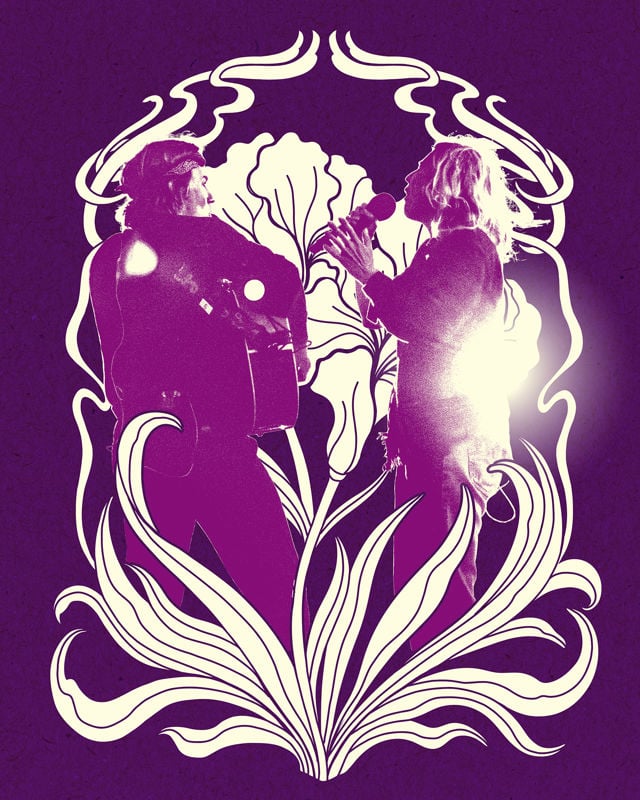 Illustrasjon av to musikere i blomst på lilla bakgrunn